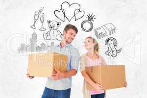 Composite image of attractive young couple carrying moving boxes