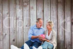 Composite image of happy mature couple holding piggy bank