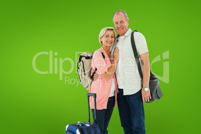 Composite image of smiling older couple going on their holidays