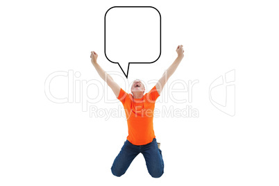 Composite image of mature man in orange tshirt cheering while kn