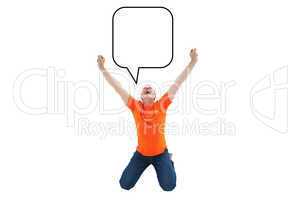 Composite image of mature man in orange tshirt cheering while kn