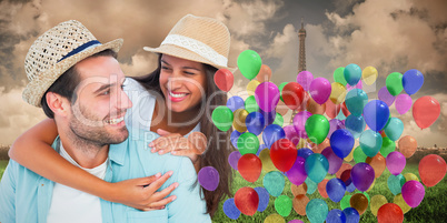 Composite image of happy casual man giving pretty girlfriend pig