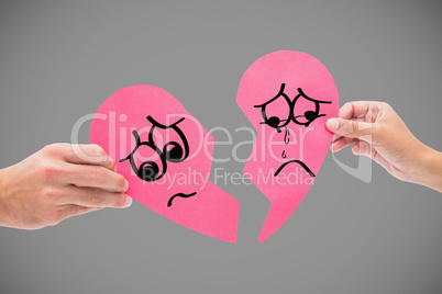 Composite image of hands holding two halves of broken heart