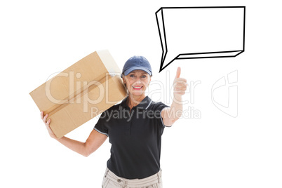 Composite image of happy delivery woman holding cardboard box