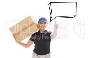 Composite image of happy delivery woman holding cardboard box