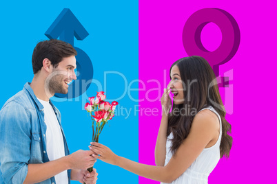 Composite image of happy hipster giving his girlfriend roses