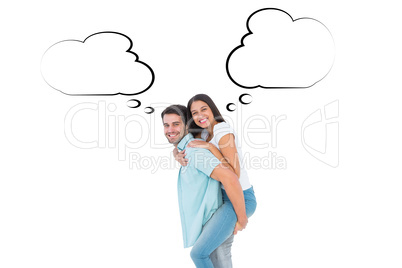 Composite image of happy casual man giving pretty girlfriend pig