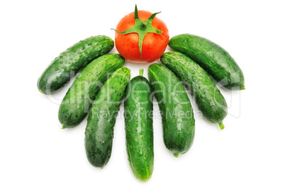 Cucumbers and tomatoes isolated on white background