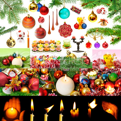 Christmas decorations and candles isolated on white background.