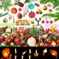 Christmas decorations and candles isolated on white background.