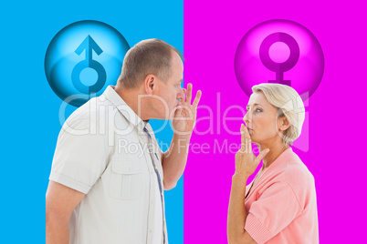 Composite image of older couple holding hands to mouth for silen