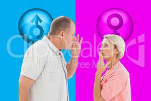 Composite image of older couple holding hands to mouth for silen