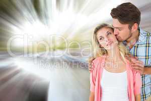 Composite image of attractive young couple smiling together