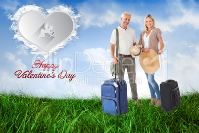 Composite image of happy couple ready to go on holiday