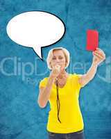 Composite image of mature blonde showing red card to camera