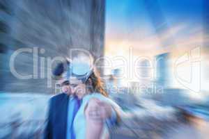 Zoomed and blurred picture of newlyweds on Brooklyn Bridge