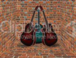 three guitars in the corner of the brick room