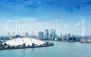 London, Canary Wharf skyline and Thames river