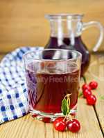 Compote cherry in glass jug on board