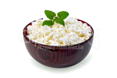 Curd in wooden bowl with mint
