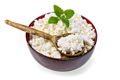 Curd in wooden bowl with spoon