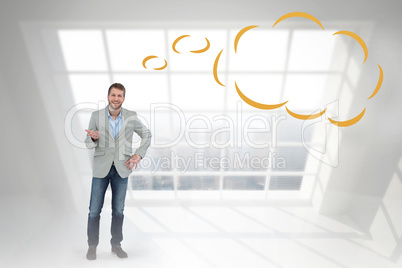 Composite image of stylish man smiling and gesturing with though