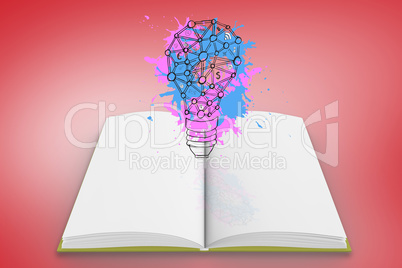 Composite image of light bulb on paint splashes on open book