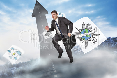 Composite image of cheerful businessman in a hurry