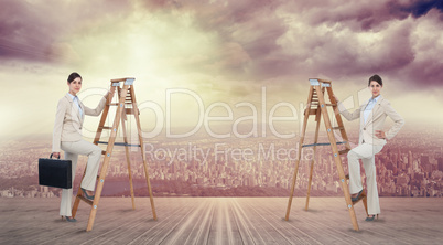 Composite image of multiple image of businesswoman climbing ladd