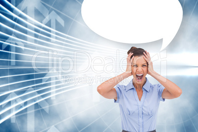 Composite image of stressed businessswoman with hand on her head