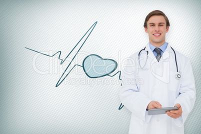 Composite image of young doctor using tablet pc