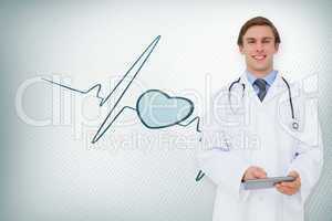 Composite image of young doctor using tablet pc