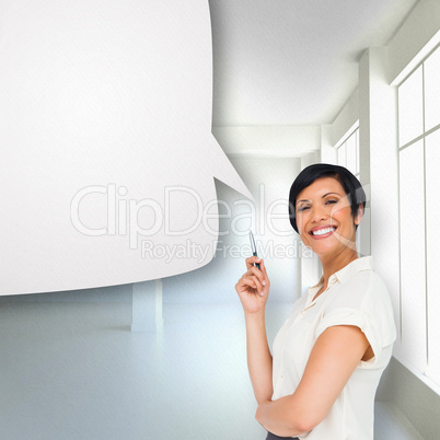 Composite image of thoughtful businesswoman with speech bubble