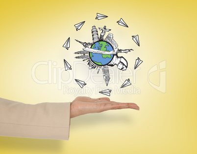 Composite image of female hand presenting global travel graphic