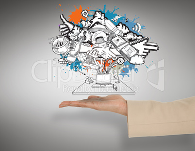 Composite image of female hand presenting computer brainstorm