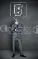 Headless businessman with safe in speech bubble
