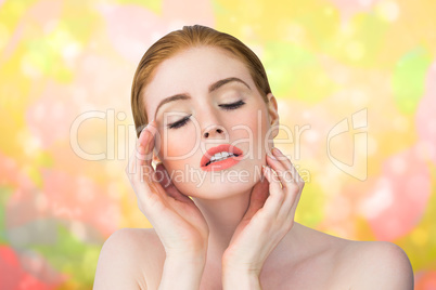 Composite image of beautiful redhead posing with hands