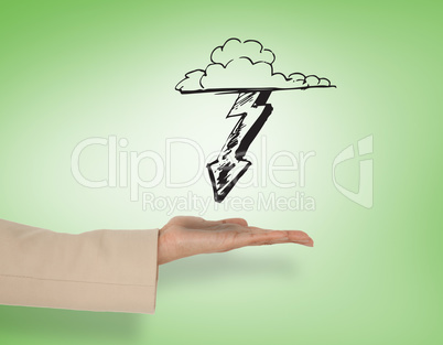 Composite image of female hand presenting lightning arrow