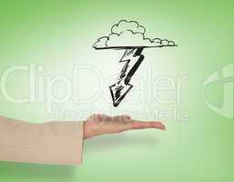 Composite image of female hand presenting lightning arrow