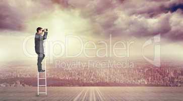 Composite image of businessman standing on ladder