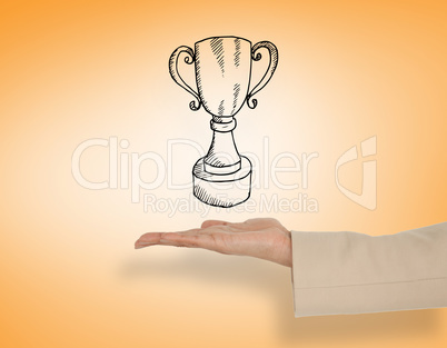 Composite image of female hand presenting winners cup