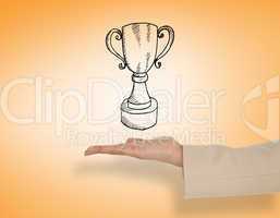 Composite image of female hand presenting winners cup