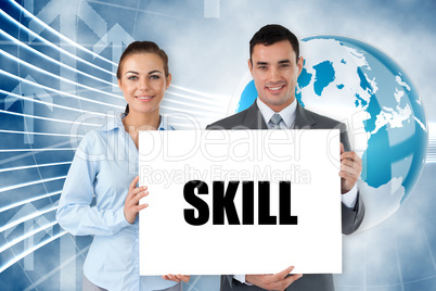 Business partners holding card saying skill