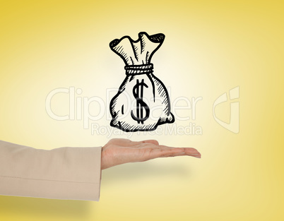 Composite image of female hand presenting money bag