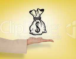 Composite image of female hand presenting money bag