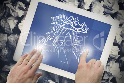 Composite image of hand touching tablet