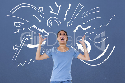 Composite image of annoyed brunette gesturing