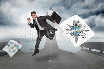 Composite image of cheerful businessman in a hurry