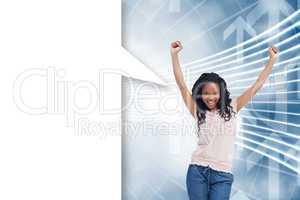 Composite image of a young happy woman with speech bubble