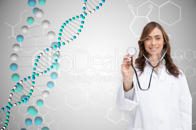 Composite image of happy doctor using stethoscope